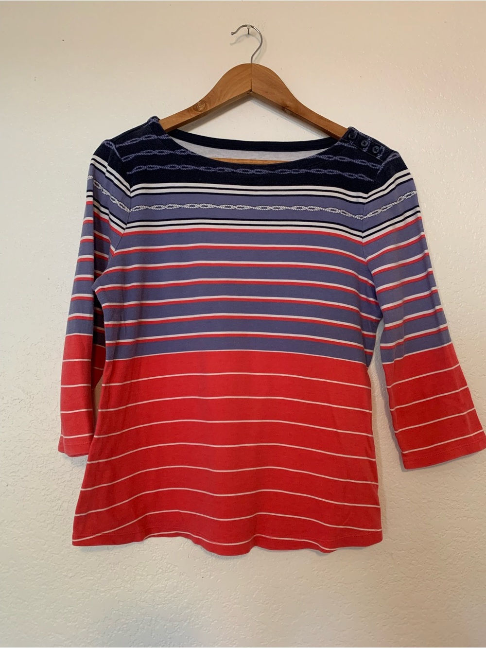 100% Pima Cotton Charter Club Navy & Red Striped Long Sleeve Top Small